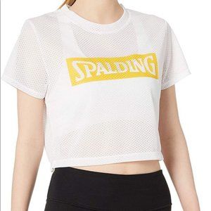 Spalding Women's Cropped Mesh Tee T-Shirt Jersey NWT White w/ Yellow Logo Sz M